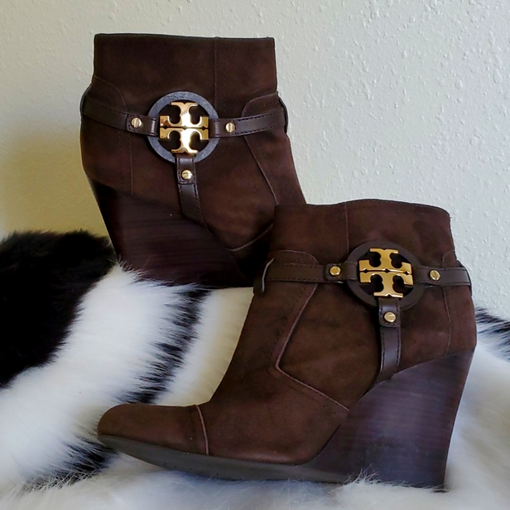EUC Tory Burch Brown Wedge Booties